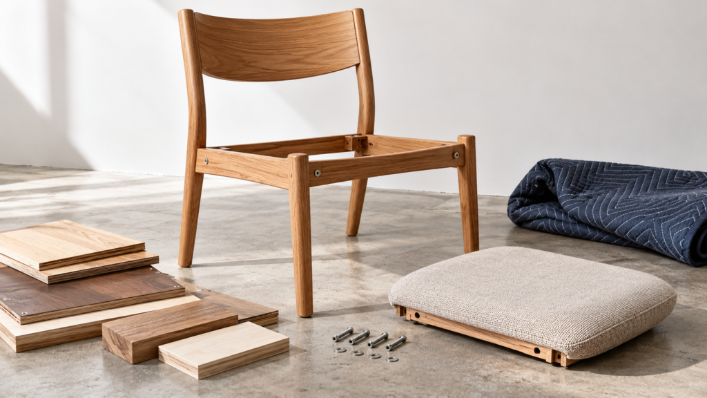 AI illustration of a repairable timber chair, removable seat, mechanical fasteners, and material samples